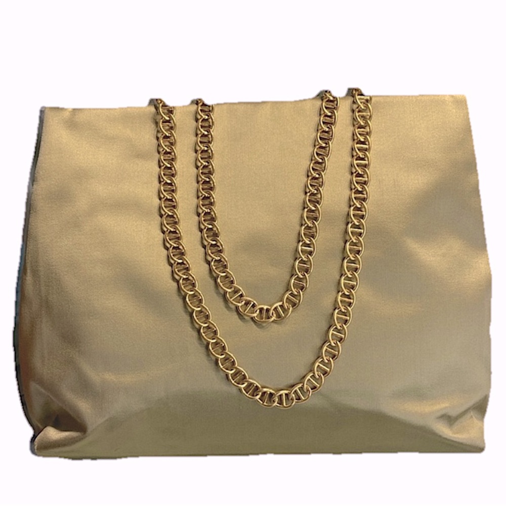 Authentic PRADA Vintage Raso Catena Shoulder Bag Tote Green Satin & Gold Chain